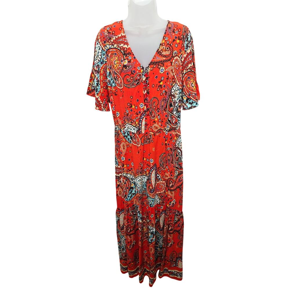 Boho Paisley Maxi Dress L Orange Festival Cottagecore Peasant Tiered Flowy